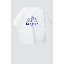 Monila Kız Çocuk Pamuklu Bisiklet Yaka Kruvasan Baskılı T-Shirt