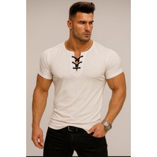 Bybülent Özel Üretim Beyaz Ipli Yaka Geniş Yaka Bisiklet Yaka Tişört Tshirt