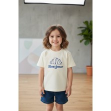 Monila Kız Çocuk Pamuklu Bisiklet Yaka Kruvasan Baskılı T-Shirt