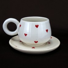 Kalp Desenli Türk Kahvesi Fincan & Tabak Seti – El Yapımı Seramik