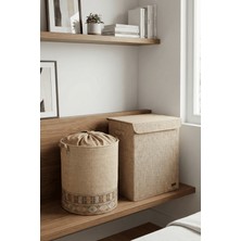 HomyJRs Homyjr’s 2’li Saklama Seti (Kapaklı Büyük Kutu + Fileli Büzgülü Sepet) Jüt Organizer