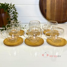 Kirazev Bambu Tabaklı Çift Cidarlı Kahve Fincan Takımı Fincan Seti 6 Lı
