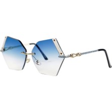 Optic Plus Çerçevesiz El Yapımı Bizote Camlı Özel Kesim Kolu Işlemeli Güneş Gözlüğü Model 7017 Mavi