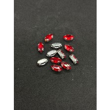 7X15(1.5 Cm) Mekik Kasalı Dikme Cam Taş 50 Adet Gümüş Kasa Kırmızı Cam Taş