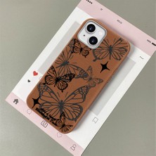 HONTINGA iPhone 15 Plus ile Uyumlu Kılıfı Deri Dokusu Anti Düşme Yumuşak Silikon Telefon Kılıfı Kelebek Desen K7-3085