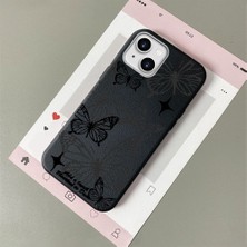 HONTINGA iPhone 15 Plus ile Uyumlu Kılıfı Deri Dokusu Anti Düşme Yumuşak Silikon Telefon Kılıfı Kelebek Desen K7-3085