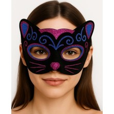 Marsilyan Siyah Kadife Kaplama Üzeri Pembe Mavi Sim Işlemeli Kedi Maskesi 20X13 cm