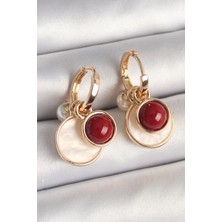 Lokiboo Pirinç Gold Renk Sallantı Beyaz Mineli Bordo Detay Kadın Küpe - TJ-BKP10362