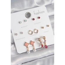 Lokiboo Pirinç Gold Renk Zirkon Taşlı Sallantı Inci Detay 7 Çift Kadın Küpe - TJ-BKP10534