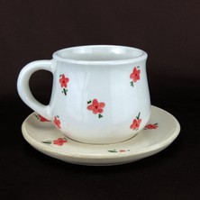 Özel Birşey Çiçek Desenli Seramik Fincan & Tabak Seti - El Boyaması