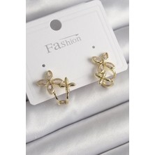 Lokiboo Pirinç Gold Renk Zirkon Taşlı 2'li Çiçek Model Kadın Küpe - TJ-BKP9961