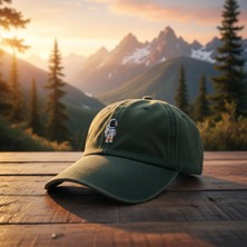 Vintage Yıkamalı Haki Yeşil Nakışlı Astronot Desenli Unisex Ayarlanabilir Spor Şapka