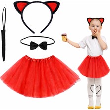 Najmaddin Kırmızı Renk Kedi Kostüm Seti - Tütü, Taç, Papyon, Kuyruk