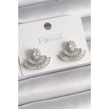 Lokiboo Pirinç Gümüş Renk Zirkon Taşlı Yelpaze Model Kadın Küpe - TJ-BKP9916