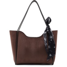 SHAKA Kahverengi Süet SHK240 Suni Deri Fermuarlı Tek Bölmeli Fular Hediyeli El,kol ve Omuz Çantası