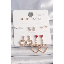 Lokiboo Pirinç Gold Renk Zirkon Taşlı Sallantı Kalp Figür 7 Çift Kadın Küpe Seti - TJ-BKP10163