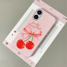 HONTINGA iPhone 16 ile Uyumlu Kılıfı Deri Dokusu Anti Düşme Yumuşak Silikon Telefon Kılıfı Vişne Desen K7-3083