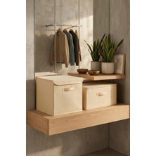 HomyJRs Homyjr’s 2’li Saklama Seti (Kare Kapaklı Kutu + Fermuarlı Destekli Hurç) Dolap Içi Organizer - Krem/ekru