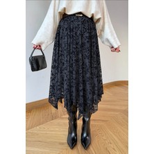 Uzer Flok Baskılı Asimetrik Kesim Yeni Sezon Midi Boy Tül Etek