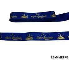 Roco Paper Co. Hayırlı Ramazanlar Yazılı Hediye Paketleme Kurdelesi, Altın Varak Lacivert Saten Kurdele, 2.5cm x 5m