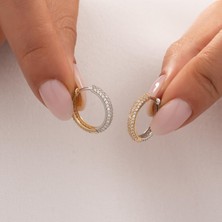 Hakan Mücevherat Çift Taraflı Taşlı Sarı ve Beyaz 14 Ayar Altın Halka Küpe 2 cm