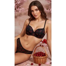 Kadın Kiraz Desenli Iç Çamaşırı Takımı – Destekli Balenli Sütyen & Tül Külot