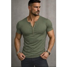 Bybülent Özel Üretim haki yeşil Henley Yaka Düğmeli Açık Geniş Yaka Tişört T-Shirt