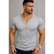 Bybülent Özel Üretim açık gri Henley Yaka Düğmeli Açık Geniş Yaka Tişört T-Shirt