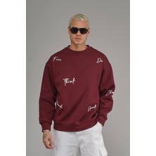 AURA 7 Collection Erkek Giyim Think Yazı Nakışlı Bordo Oversize Sweatshirt