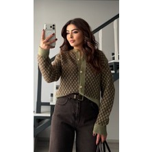 Oslove Yeşil-Kahve Gold Düğmeli Triko Hırka