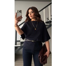 Oslove Lacivert Kayık Yaka Yarasa Kol Kemerli Triko Bluz