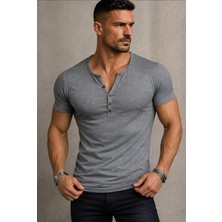 Bybülent Özel Üretim gri Henley Yaka Düğmeli Açık Geniş Yaka Tişört T-Shirt