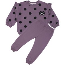 by BebekOdam Kız Çocuk Mor Siyah Puantiyeli Kolları Fırfırlı Ikili Takım - 1016437