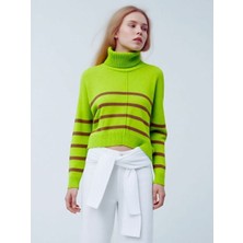 Trendseninle Kadın Fıstık Yeşili Boğazlı Vizon Çizgili Önü Biyeli Triko Kazak