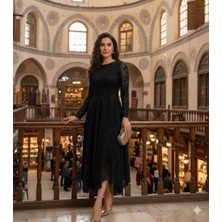 Uzer Kadın  Tül Üzeri Flok Baskılı Asimetrik Kesim Abiye Elbise,günlük Elbise