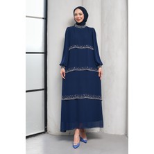 İmaj Butik Lacivert Yakası ve Katları Taş Detaylı Şifon Abiye