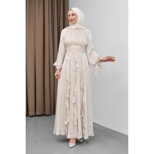 İmaj Butik Bej Önü Drapeli Kol Bağlamalı Abiye