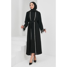 İmaj Butik Siyah Kolları Tüğlü Taş Detaylı Kuşaklı Abaya