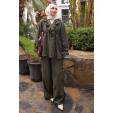 İmaj Butik Haki Yaka Fırfırlı Tunik Pantolonlu Takım