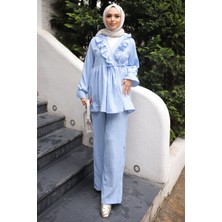 İmaj Butik Bebe Mavi Yaka Fırfırlı Tunik Pantolonlu Takım