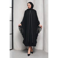 İmaj Butik Siyah Taş Detaylı Fırfırlı Ikili Abaya Takım