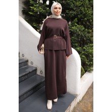 İmaj Butik Kahverengi Bel Kemer Detaylı Kazak Etekli Triko Takım