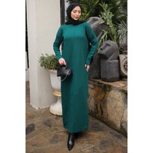 İmaj Butik Zümrüt Yeşili Dik Yaka Fitilli Triko Elbise