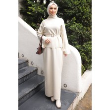 İmaj Butik Krem Bel Kemer Detaylı Kazak Etekli Triko Takım