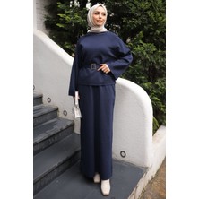 İmaj Butik Lacivert Bel Kemer Detaylı Kazak Etekli Triko Takım