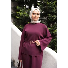 İmaj Butik Mürdüm Bel Kemer Detaylı Kazak Etekli Triko Takım