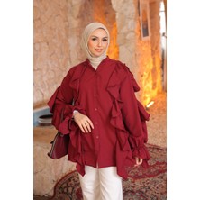 İmaj Butik Bordo Kol Lastikli Fırfırlı Gömlek