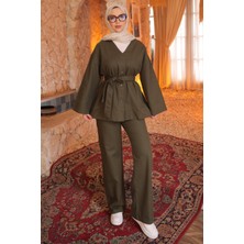 İmaj Butik Haki Kuşaklı Ceket Pantolonlu Gabardin Takım