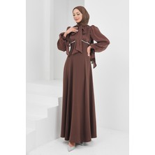 İmaj Butik Kahverengi Balon Kol Taş Detaylı Abiye