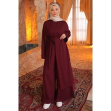 İmaj Butik Bordo Hırka Bluz Pantolonlu Geniş Kalıp 3'lü Modal Takım